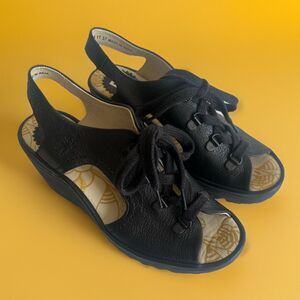 Fly London Women’s Ylva Slingback Lace Up Wedge  Sandals Black Leather Size 37